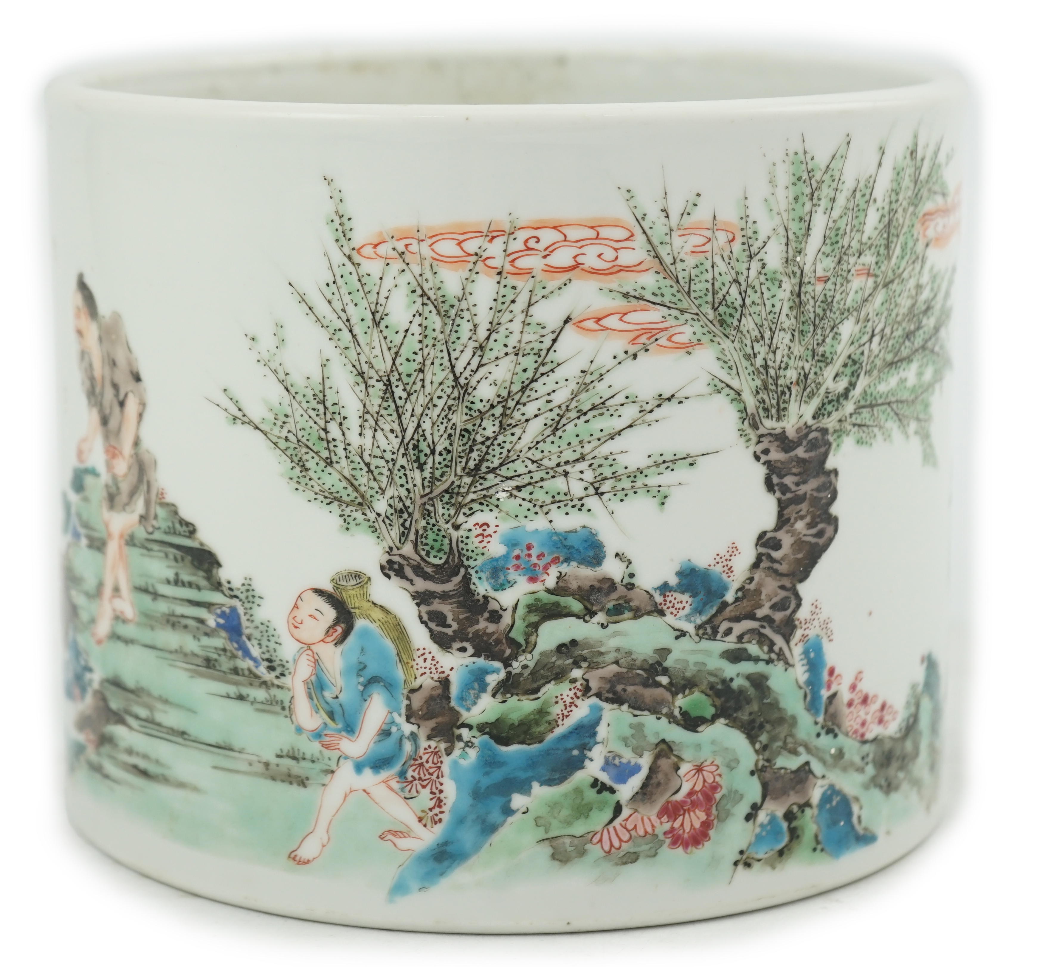 An unusual Chinese famille rose ‘fishermen’ brushpot, bitong, Yongzheng period (1723-35)